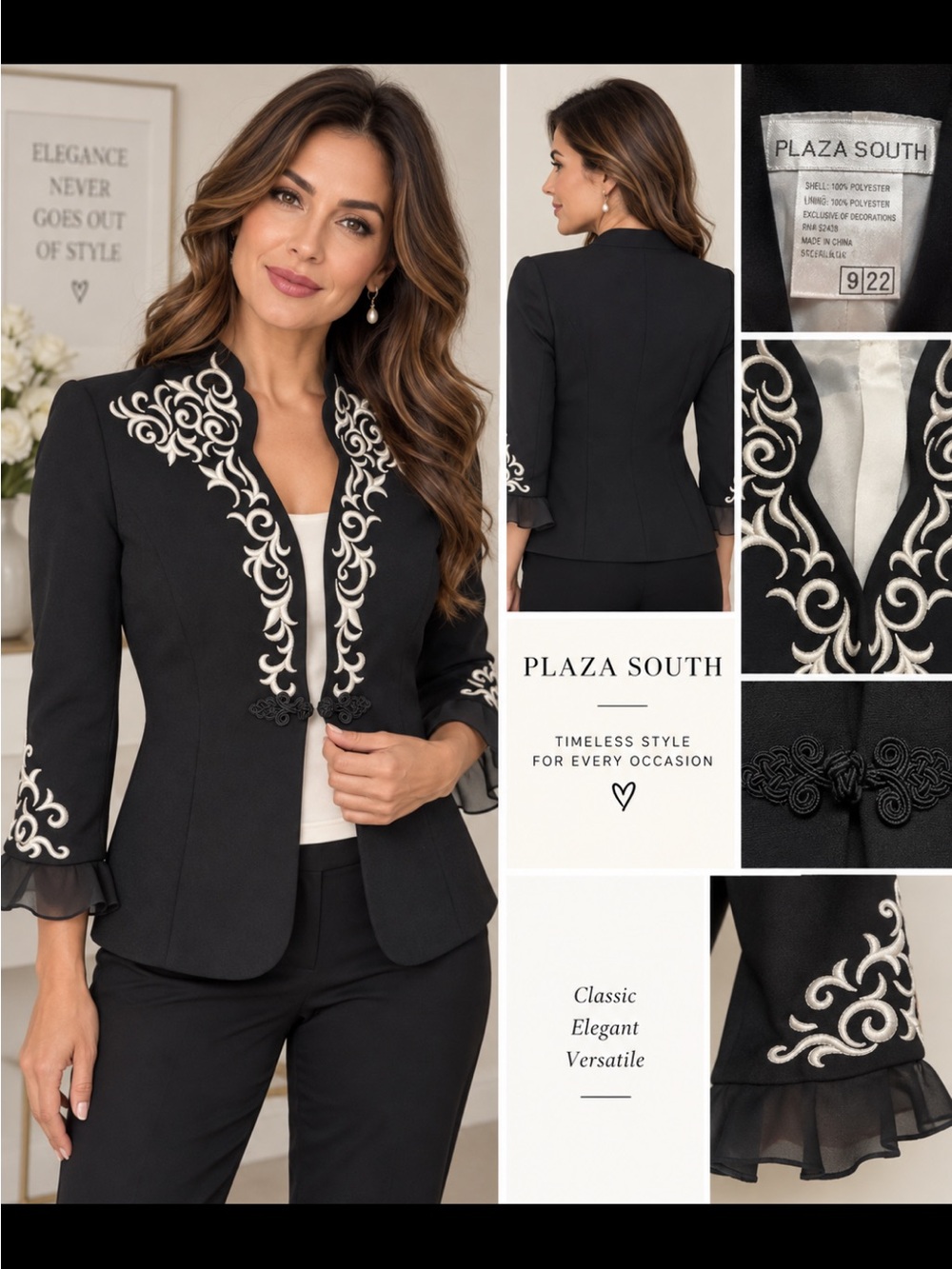 Plaza south Black Embroidered Collar Blazer